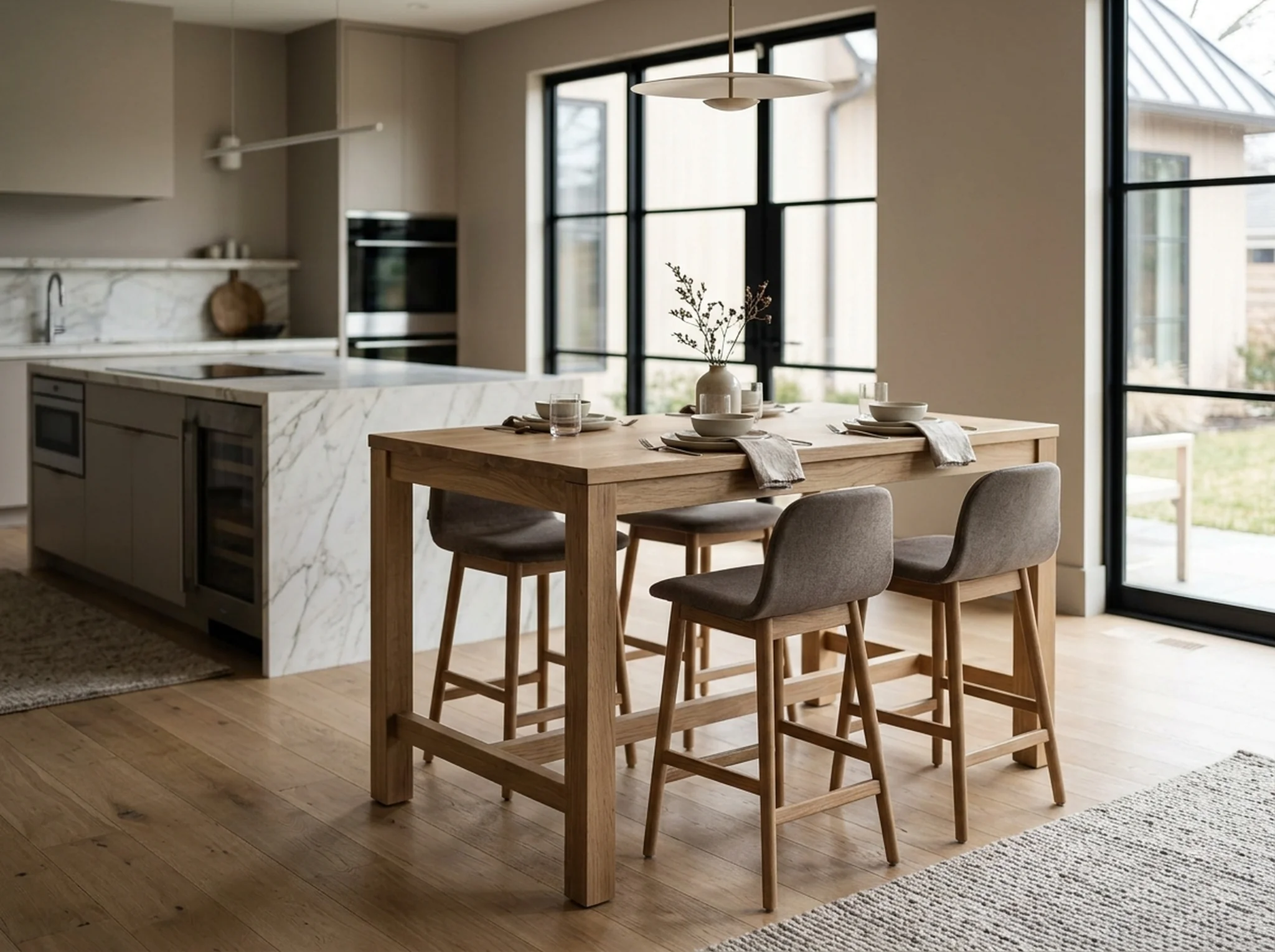 White Oak Rubio Natural counter-height table with four counter stools in a contemporary kitchen — Fargo Woodworks