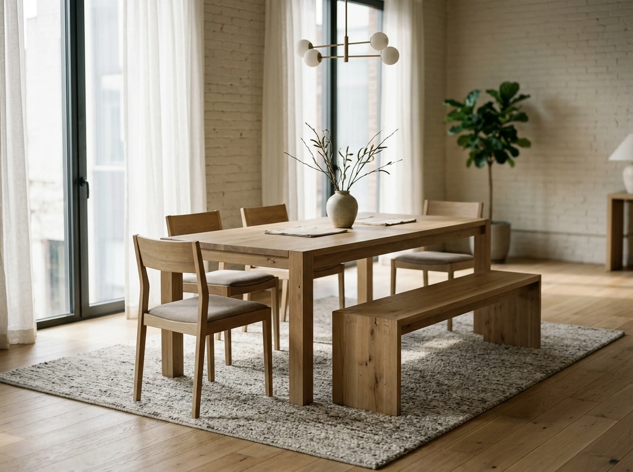 White Oak Rubio Natural dining set — table, two benches, four chairs — Fargo Woodworks