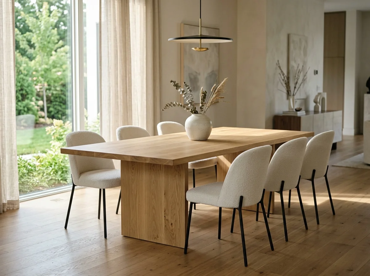 White Oak Rubio Natural dining table for six in a sunlit modern dining room — Fargo Woodworks