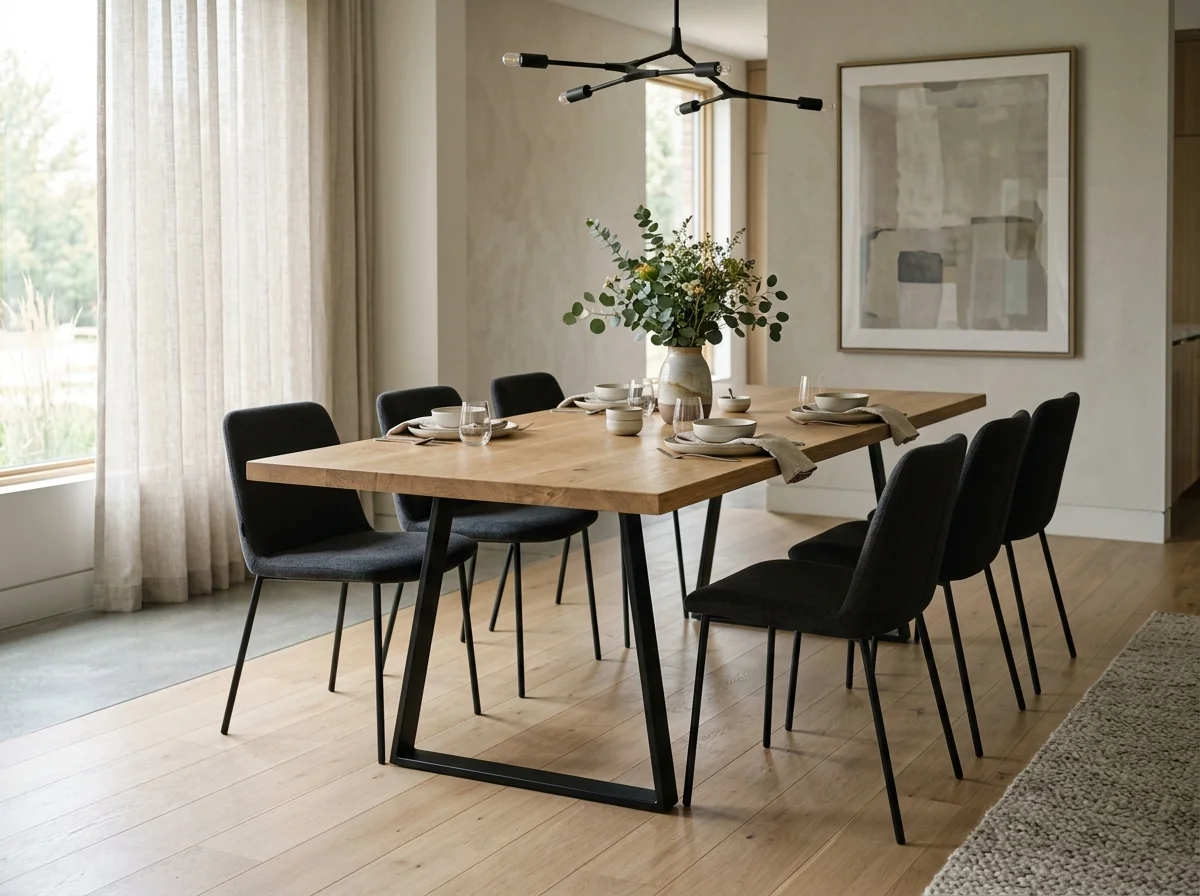 White Oak Rubio Natural dining table with sleek black trapezoid steel base — Fargo Woodworks