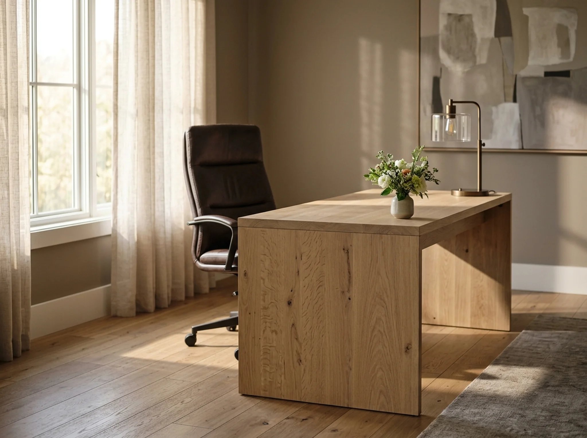 White Oak Rubio Natural executive desk with leather chair in a sunlit refined private office — Fargo Woodworks