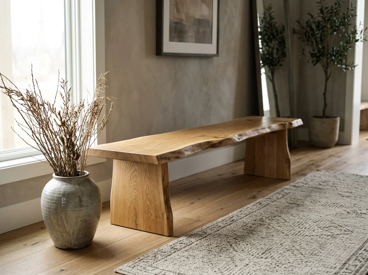 White Oak Rubio Natural live edge bench in a sunlit entryway with naturally irregular edge — Fargo Woodworks