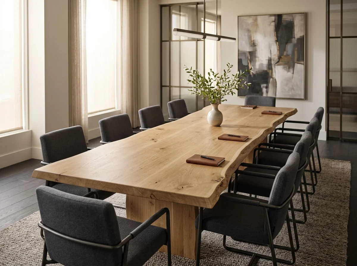 White Oak Rubio Natural LIVE EDGE conference table with twelve modern chairs — Fargo Woodworks
