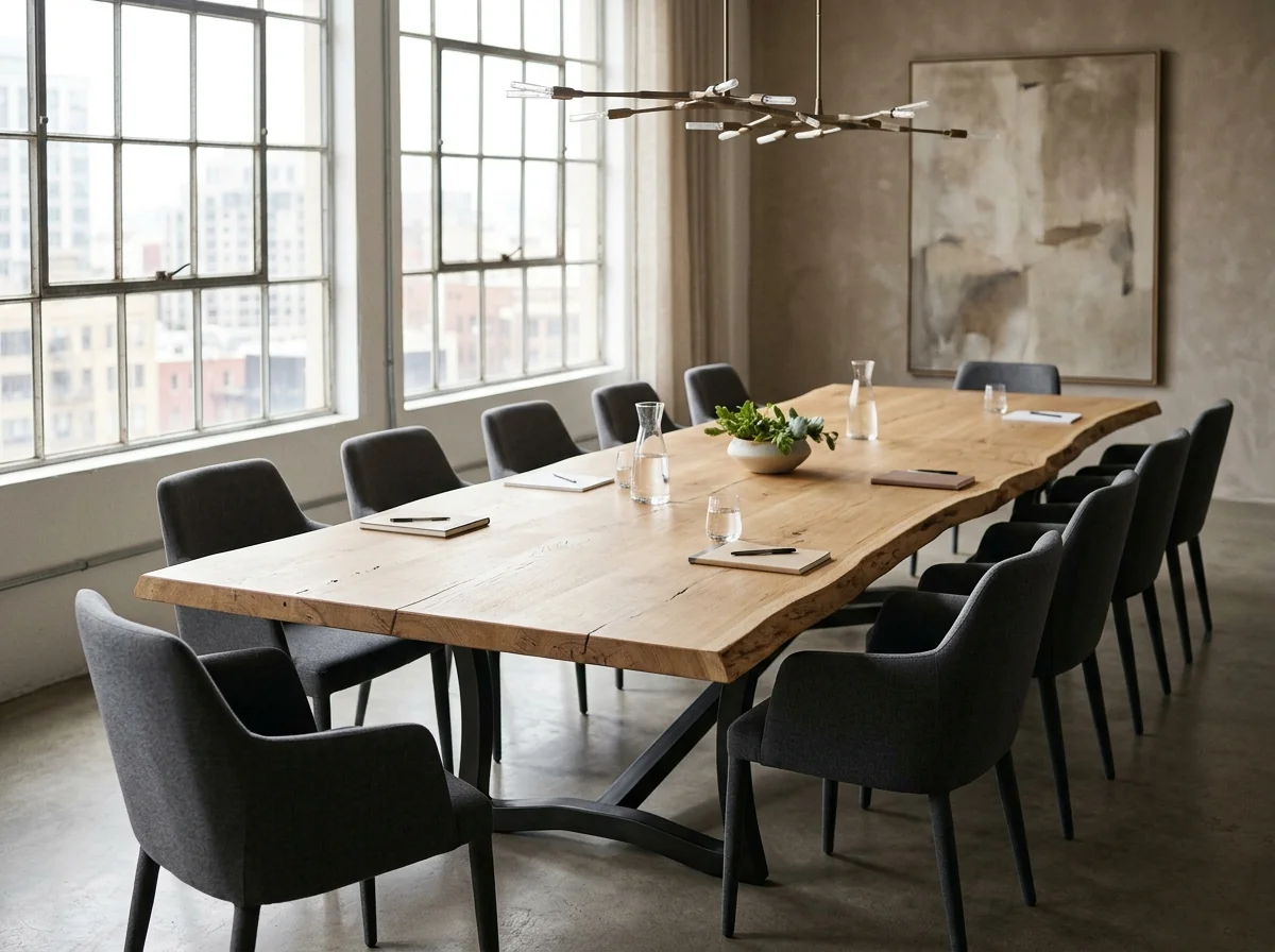 White Oak Rubio Natural LIVE EDGE conference table for twelve in a contemporary boardroom — Fargo Woodworks