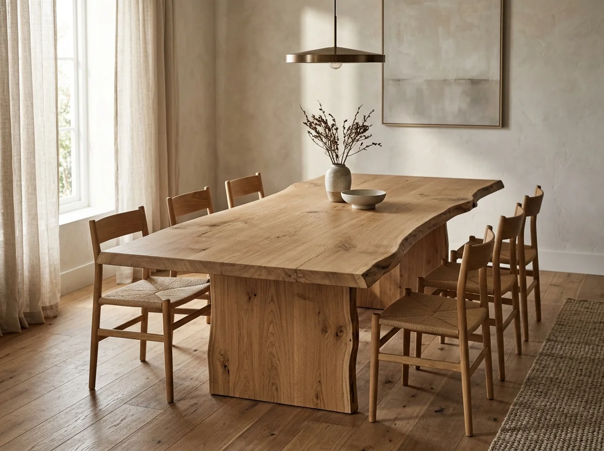 White Oak Rubio Natural LIVE EDGE dining table in a sunlit modern dining room — Fargo Woodworks