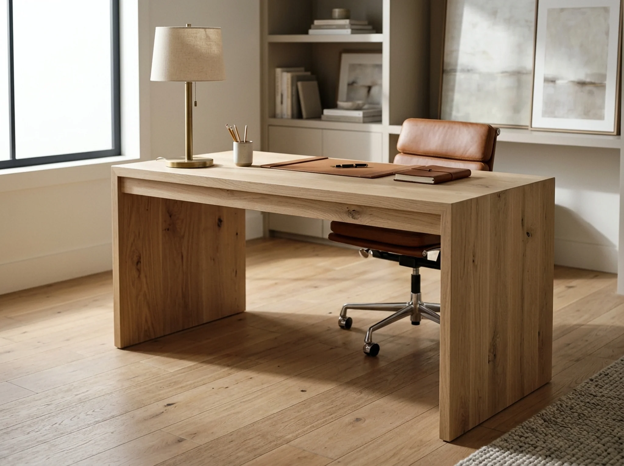 White Oak Rubio Natural office desk in a contemporary home office — Fargo Woodworks