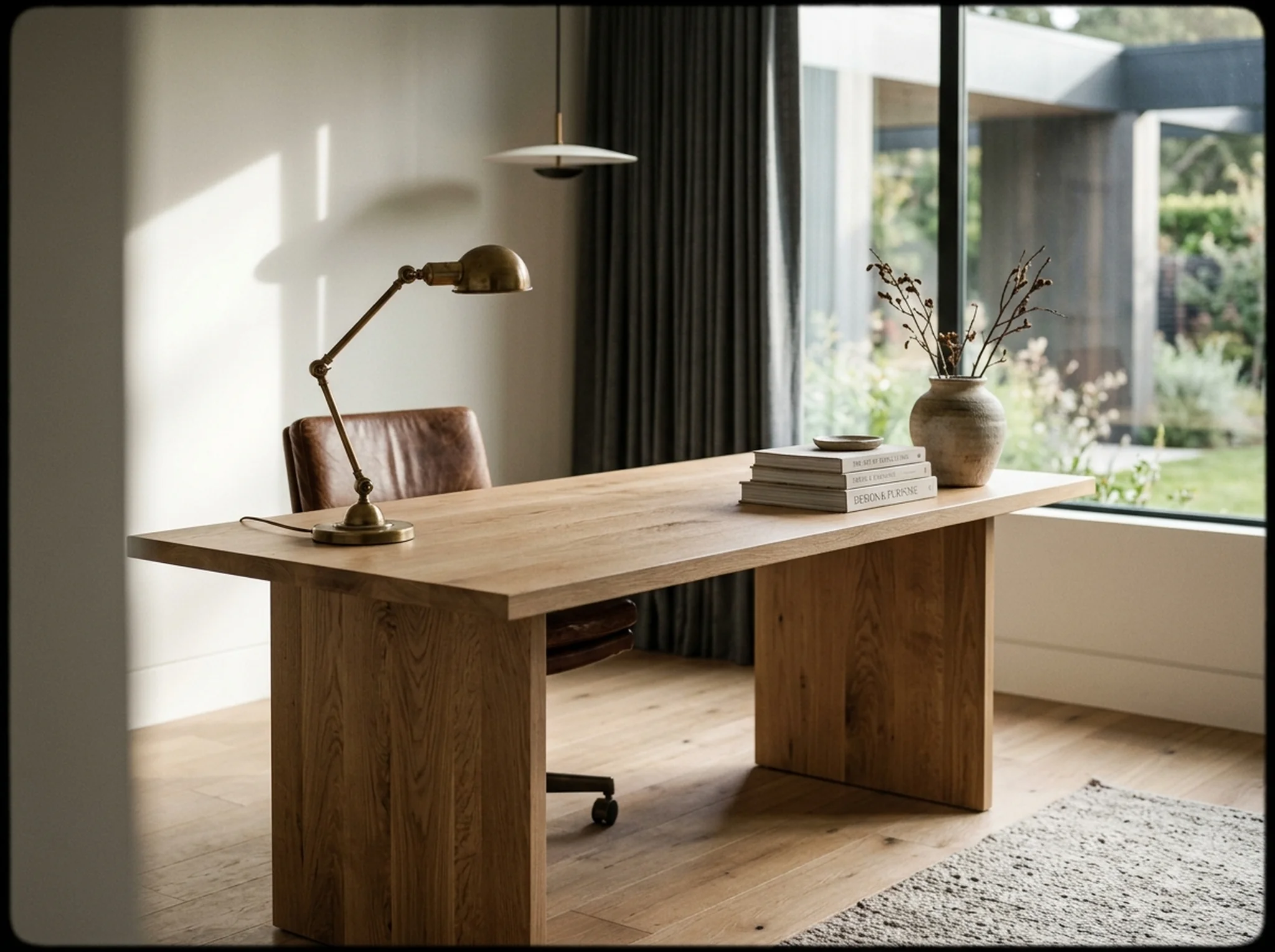 White Oak Rubio Natural work table in a contemporary home office with leather chair — Fargo Woodworks